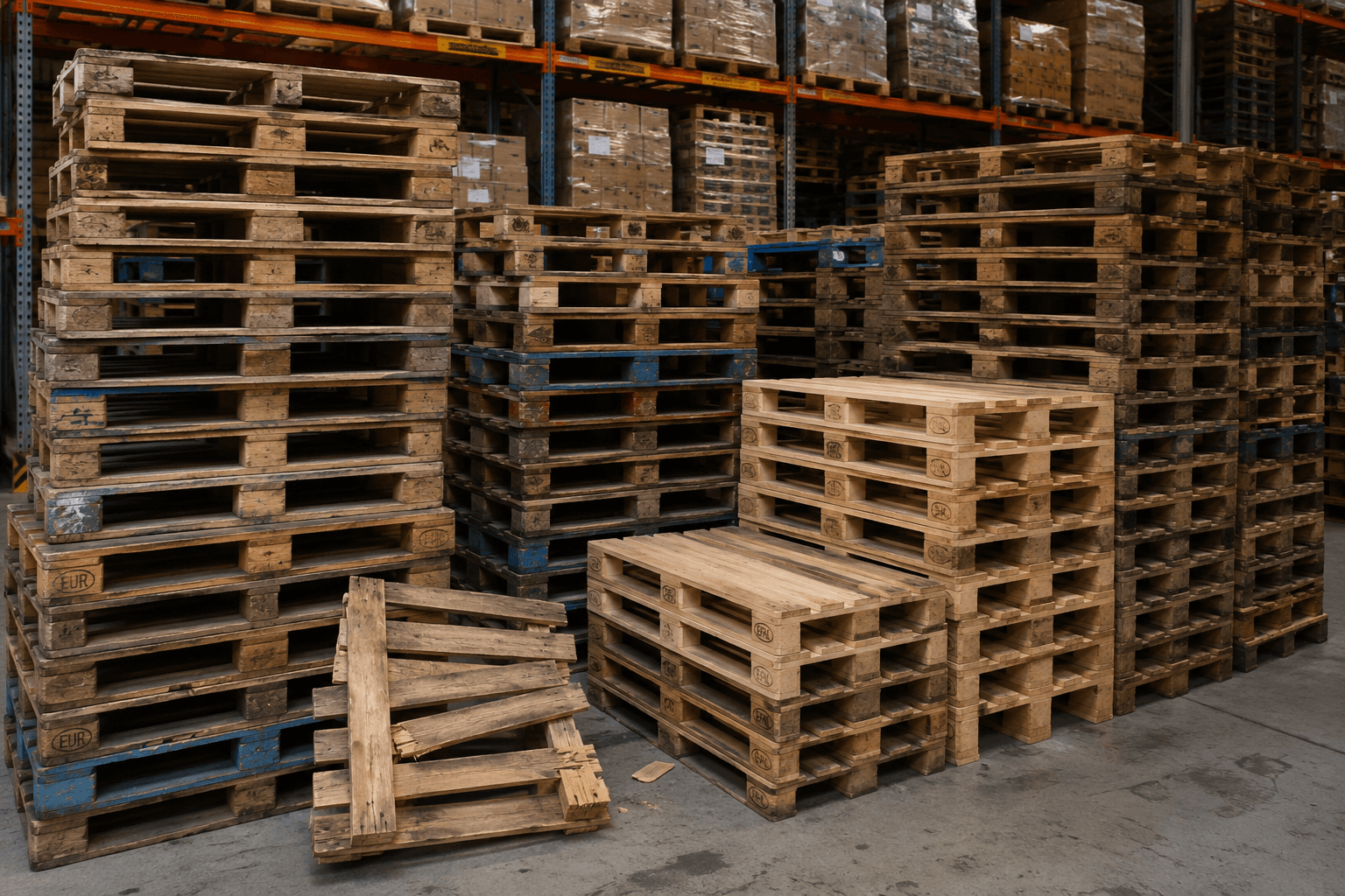 Recycled pallets stacked and sorted in warehouse